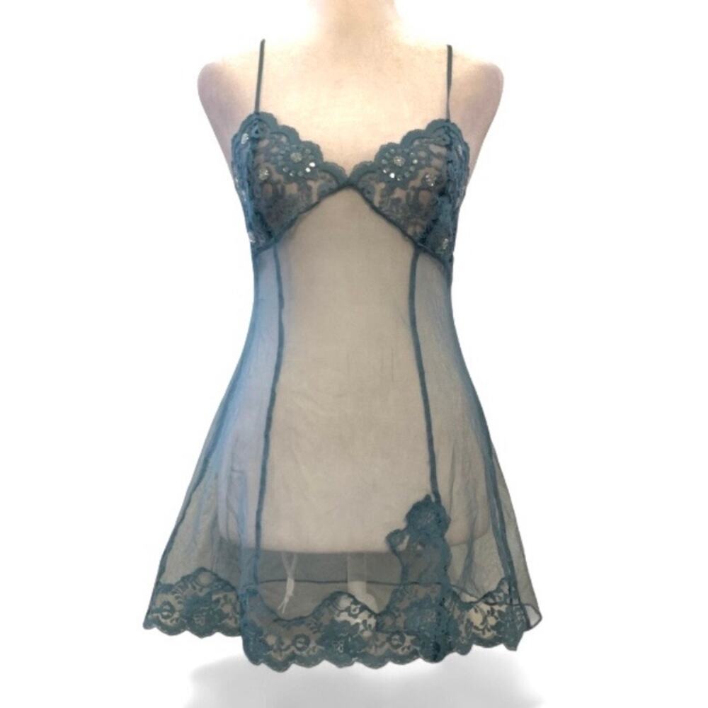 Victoria’s Secret Vintage Y2K Sheer Blue Lace Babydoll Slip Size Medium